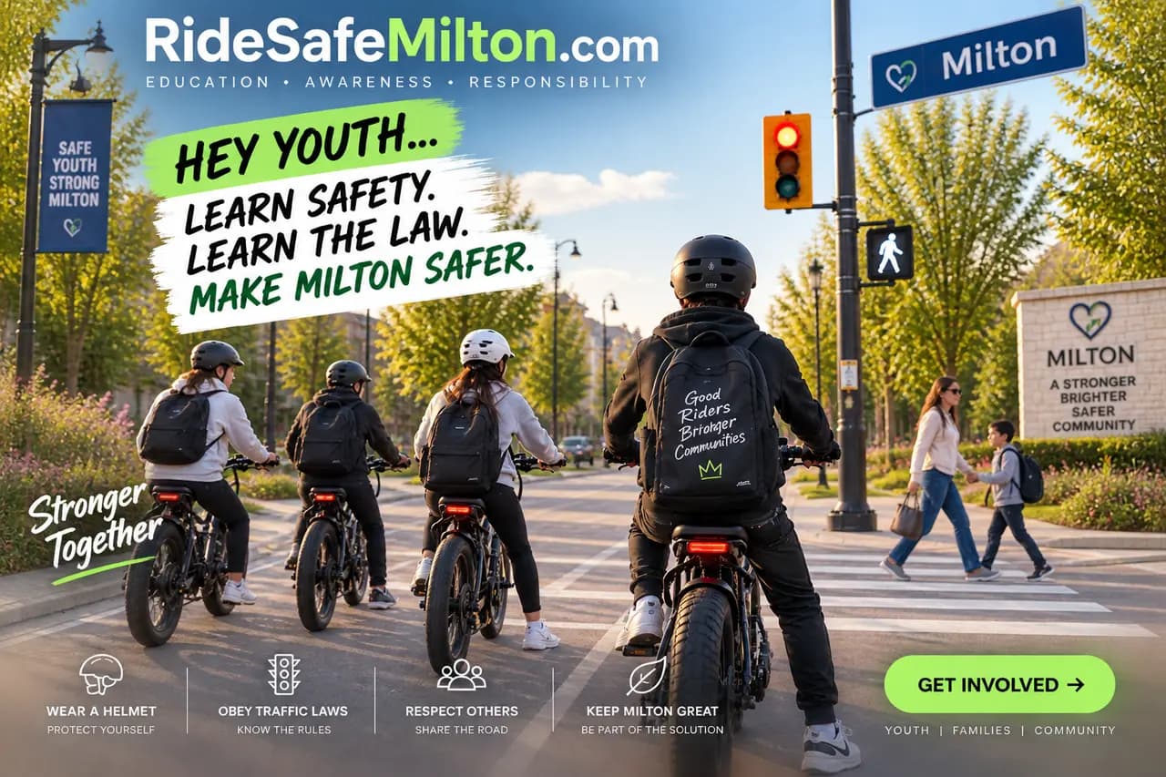 RideSafeMilton campaign showing helmeted youth stopped safely at a Milton crosswalk with the message: Learn safety. Learn the law. Make Milton safer.